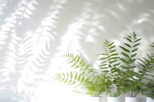 minimalista astratto sfondo con sfocato ombre di le foglie e impianti su bianca parete foto
