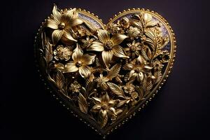 lussuoso d'oro cuore con ornamentale fiori per san valentino giorno ai generato foto