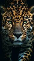 maestoso giaguaro nel bokeh stile su buio sfondo generativo ai foto