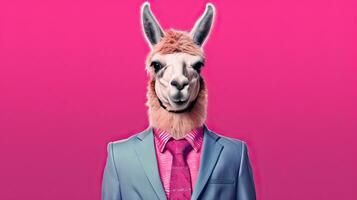 lama nel rosa attività commerciale completo da uomo professionale animale abbigliamento generativo ai foto