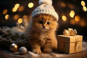 contento gatto con Natale cappello tra Natale i regali ai generato foto