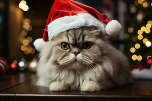 contento gatto con Natale cappello tra Natale i regali ai generato foto