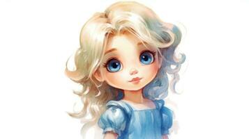 delicato acquerello cartone animato di un' bambino piccolo Principessa con il giro viso e lungo capelli ai generato foto