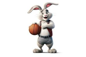contento bianca coniglio nel pallacanestro uniforme in posa Il prossimo per cestino foto