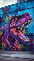 vivace tipo graffiti colori di un' trex contro un' buio urbano parete ai generato foto