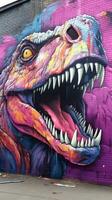 vivace graffiti opera d'arte di un' trex contro un' buio urbano parete ai generato foto