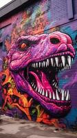 vivace graffiti opera d'arte di un' trex contro un' buio urbano parete ai generato foto