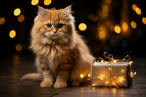 contento gatto con Natale cappello sotto un' Natale albero ai generato foto