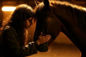 bellissimo donna carezzevole un' bianca cavallo nel un' affascinante stabile a tramonto ai generato foto