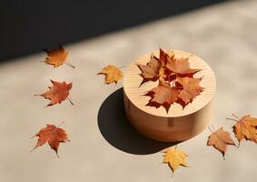 giocoso uso di leggero e ombra con di legno scatola e autunno le foglie ai generato foto