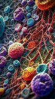 vivido colori di adiposo cellule sotto il elettrone microscopio generativo ai foto