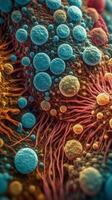 vivido colori di il motore sistema cellule sotto il microscopio generativo ai foto
