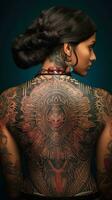 vivace tradizionale indiano tatuaggio design su un' caucasico womans indietro generativo ai foto