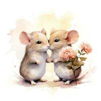 Due adorabile topi baci e Tenere un' fiore ai generato foto