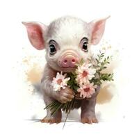 adorabile bambino maiale con margherita mazzo acquerello clipart ai generato foto