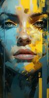 vivace urbano arte ritratto di un' donna con giallo viso e blu toni ai generato foto