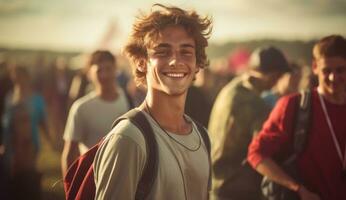sorridente giovane uomo godendo musica Festival ai generato foto