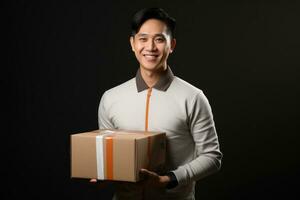 contento asiatico uomo Tenere un' scatola e sorridente a il telecamera ai generato foto