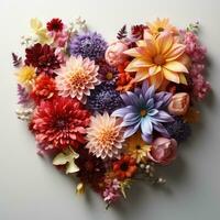 colorato fiori selvatici disposte nel un' cuore forma su un' bianca sfondo ai generato foto