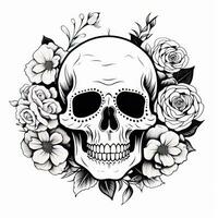 nero e bianca cranio con fiori colorazione pagina ai generato foto