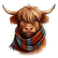 cartone animato montanaro mucca con tartan sciarpa clipart ai generato foto