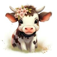 adorabile bambino mucca con fiore corona clipart su bianca sfondo ai generato foto