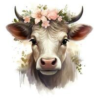 carino cartone animato mucca con fiore corona clipart su bianca sfondo ai generato foto