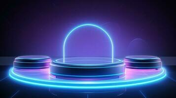 futuristico hitech podio con neon leggero splendore ai generato foto