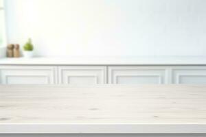 minimalista bianca cucina con sfocato di legno tavolo ai generato foto