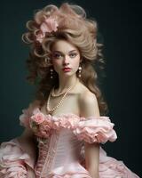 elegante rococò moda fotografia con rosa capelli ai generato foto