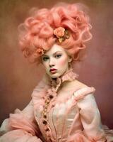 elegante rococò moda fotografia con rosa capelli ai generato foto