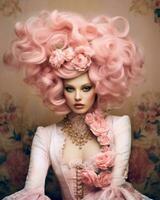 elegante rococò moda fotografia con rosa capelli ai generato foto