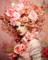 elegante rococò moda fotografia con rosa capelli ai generato foto