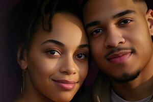 romantico africano americano coppia e donna guardare in il telecamera ai generato foto