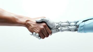 umano e robot toccante dita nel simbolico gesto ai generato foto