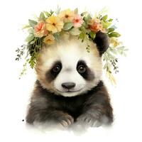 adorabile acquerello bambino panda con fiore corona clipart su bianca sfondo ai generato foto