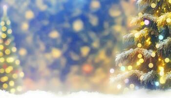 inverno Paese delle meraviglie sfocato Natale sfondo con coperto di neve natale albero ai generato foto