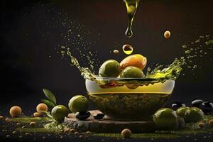 delizioso oliva olio aromatizzato con spezie versato al di sopra di caldo verde olive ai generato foto