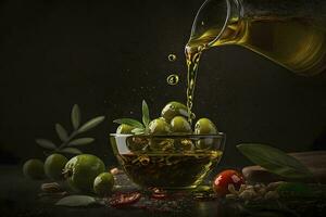 aromatizzato oliva olio versato al di sopra di caldo verde olive ai generato foto