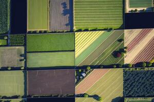 aereo Visualizza di diverso campo colture ai generato foto