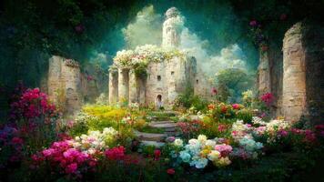 romantico rovine il giardino di fiori dipinto di un' talentuoso artista ai generato foto