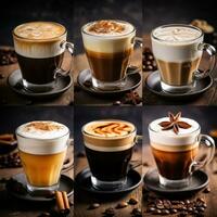 un' collage di diverso tipi di caffè bevande ai generato foto