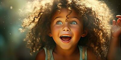 contento bambino con largo occhi e un' grande Sorridi ai generato foto