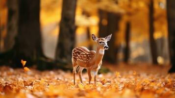 carino cervo passeggiando a fianco acero le foglie ai generato foto