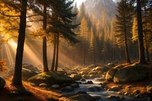 foto di il autunno montagna foresta, foresta fiume, muschioso pietre, sole raggi sfondo