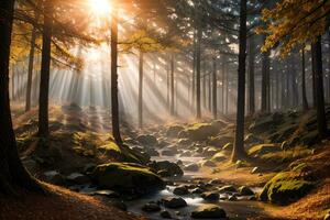 foto di il autunno montagna foresta, foresta fiume, muschioso pietre, sole raggi sfondo