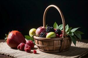 studio tiro di il cestino con frutti di bosco e frutta su il tavolo foto