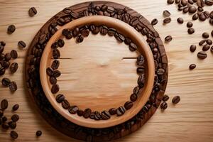 caffè fagioli su il di legno tavolo bandiera modello foto