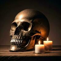 il cranio e candela su il nero sfondo foto