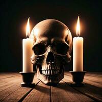 il cranio e candela su il nero sfondo foto